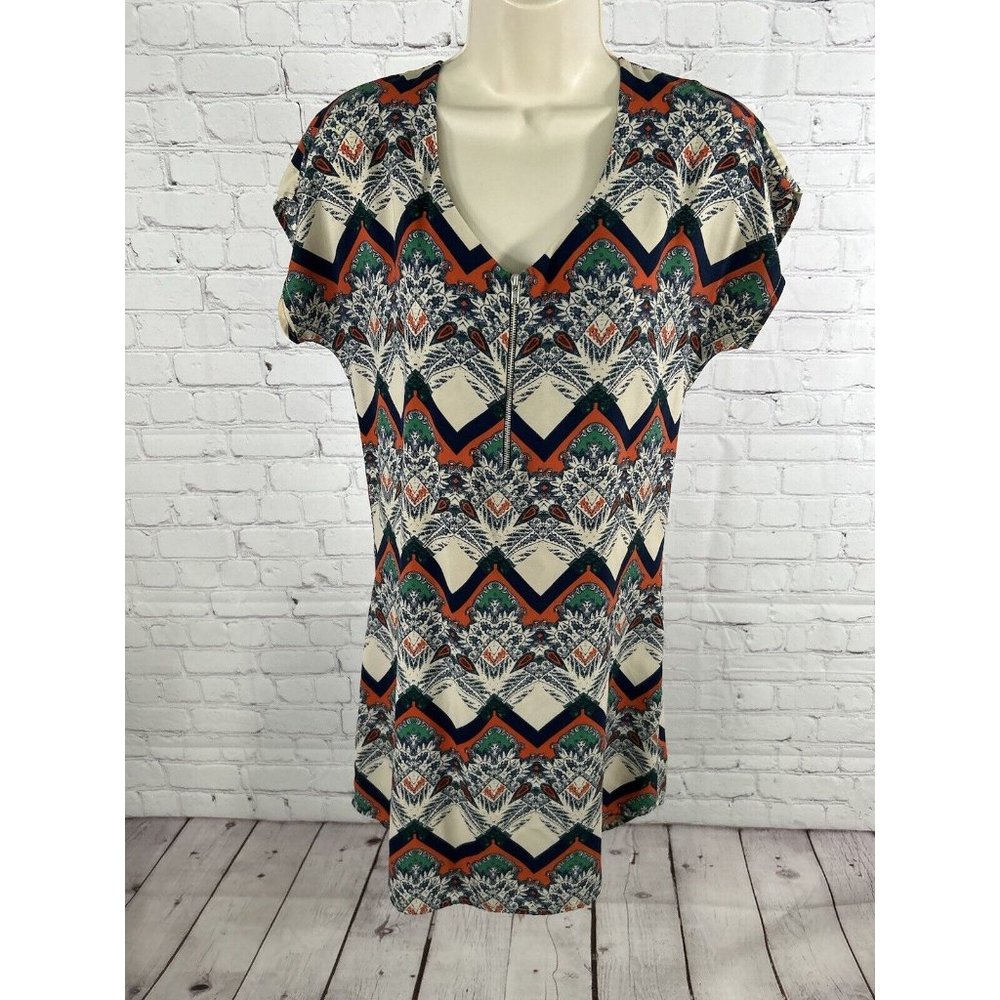 Caramela Multicolored Short Sleeve Chest Zip Pullover Shift Dress USA Women’s S